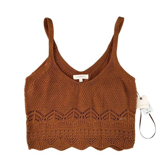 Ultra Flirt Tops - NWT Ultra Flirt Knit Festival Crop Top Small Brown Crochet Lace Coquette Y2K